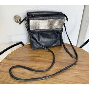 THE SAK Flap Small Messenger Black Leather Crossbody Handbag Boho Studded Biker